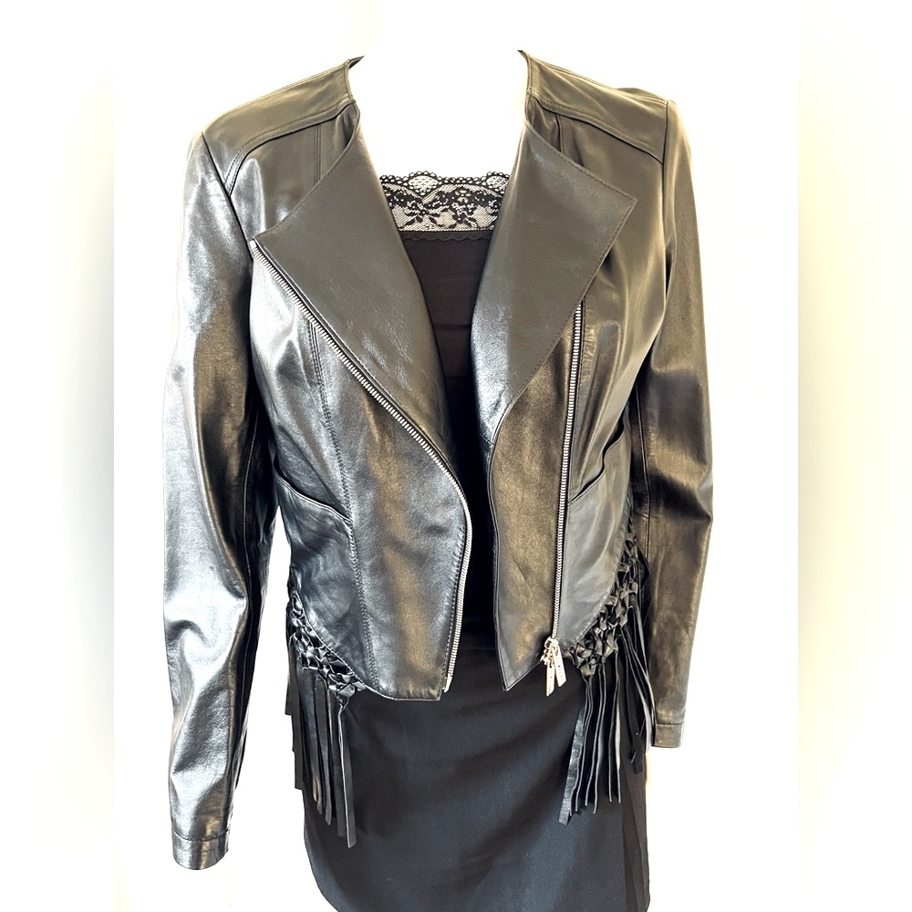 New Soft Black real Lamb leather Biker jacket Long leather tassels EUR 38 US 6-8